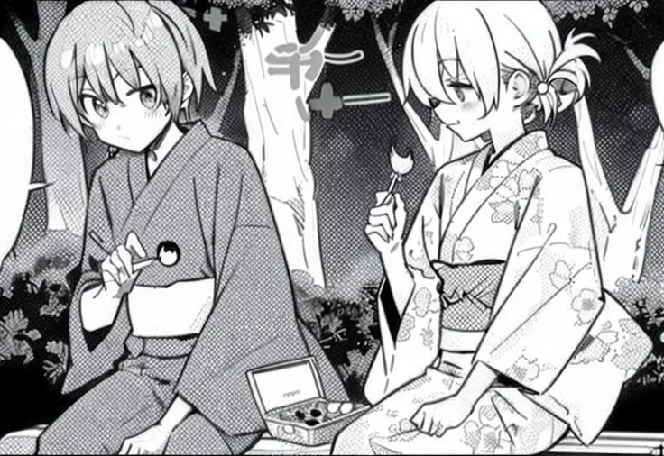 Cartoon picture of two sitting on bench eating lollipops, black and white manga panel, black and white manga page, black and white manga style, natsume yuujinchou, Black and white comics, Black and white comics, Japanese manga style, Manhwa Style, ( ( ( yo...