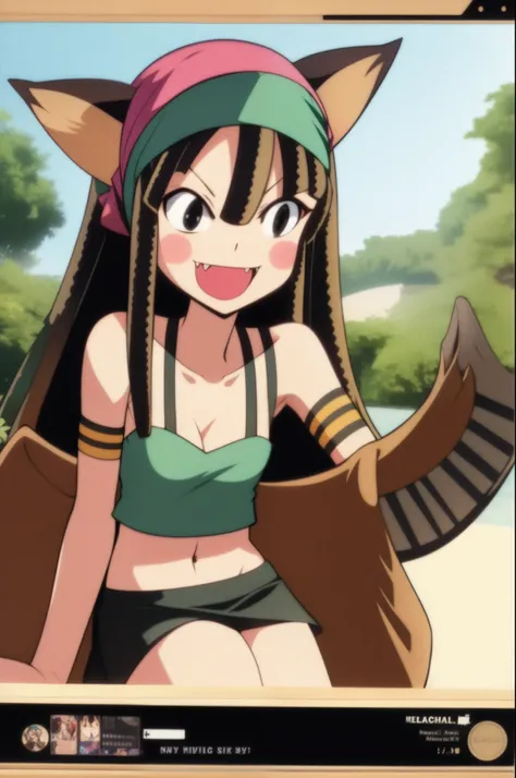 eril mermaid melody, catgirl dreadlock, fang, black wings, micro skirt, flipflops, smile, bandana, full body