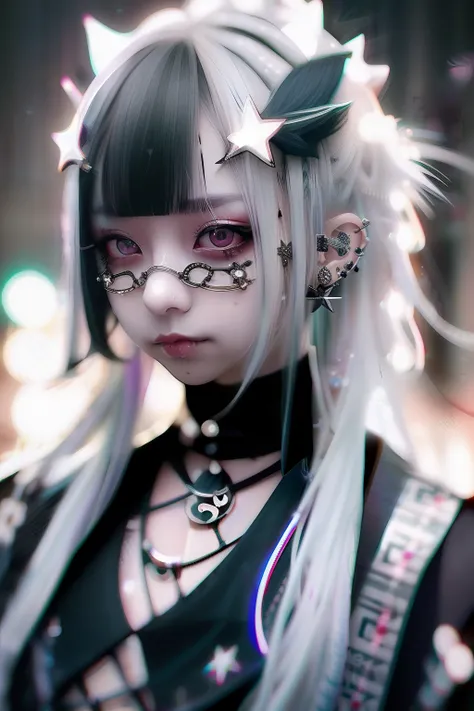 A dark-haired、A black、(((A dark-haired))),eye glass、Lunette de soleil、piercings、Forehead、Blunt bangs、Eyebrows are visible、The bikini、goth_punk, 1girl in, 独奏, medium shot, Walking in Harajuku, ((during night)), bokeh dof, Neon light, Iridescent eyes, starry...