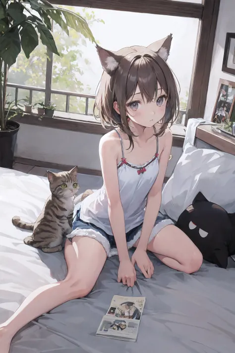 Bedroom full of soft items、Cats ears、（cute little）、frombelow、Camisole-wearing