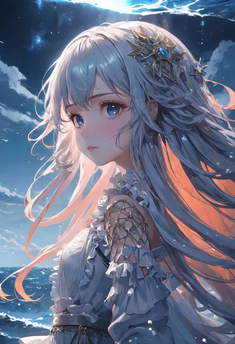 ((masterpiece)), ((best quality)), ((illustration)), extremely detailed,style girl, long shot, small breast,light grey very_long_hair, scifi hair ornaments, beautiful detailed deep eyes, beautiful detailed sky, beautifuldetailed water, cinematic lighting, ...