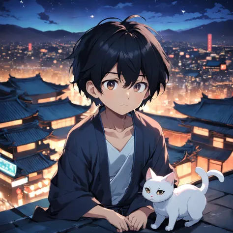 An Asian boy with short-hair, big eyes, and black hair, lying on a rooftop at night. Beside him is a small white cat, and the scene has a Japanese style.