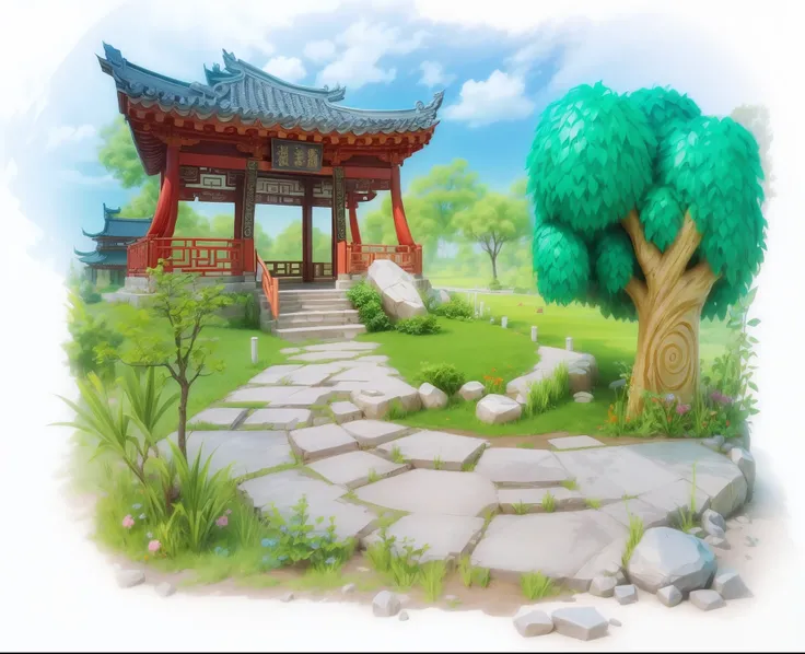 tmasterpiece,high qulity,A cartoon landscape,Chinese style pavilion,The tree,a plant,Flowers,steins,estilo cartoon 3d,There is texture,Ray traching,4K,