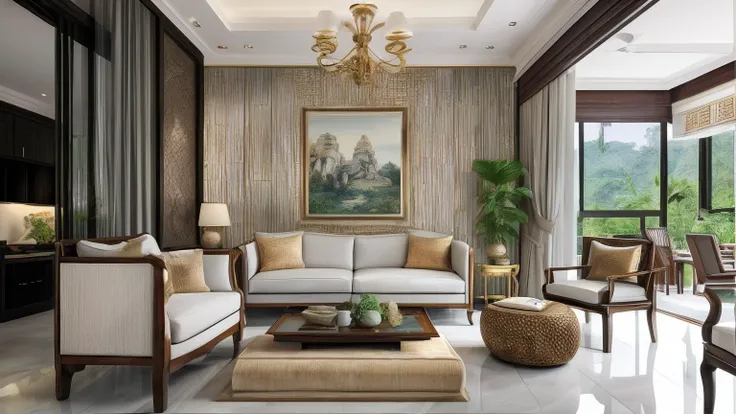 (( masterpiece)) (( ultral realistic)) (( sharp forcus)) (( high detail)) livingroom in indochina style,china , vietnam, black w...