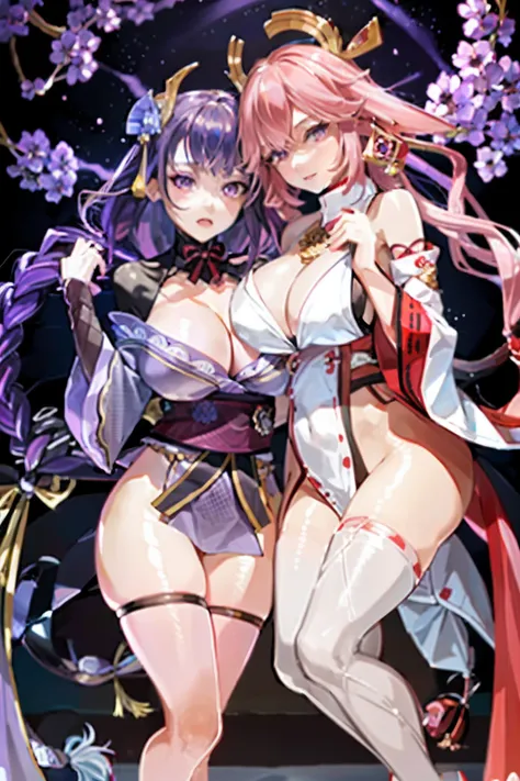 tmasterpiece，best qualtiy，Multiple girls，Breast-huge，2girls，Yae Miko，Raiden Shogun，Purple eye，Pink hair，Japanese style costume，Purple colored hair，huge tit，long whitr hair，cleavage，hair adornments，upper legs，Purple kimono，Stockings，By bangs，beast ear，Remov...