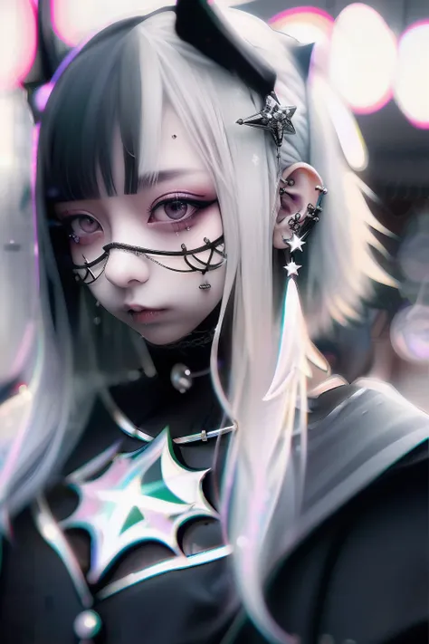 A dark-haired、A black、(((A dark-haired))),eye glass、Lunette de soleil、piercings、Forehead、Blunt bangs、Eyebrows are visible、The bikini、goth_punk, 1girl in, 独奏, medium shot, Walking in Harajuku, ((during night)), bokeh dof, Neon light, Iridescent eyes, starry...