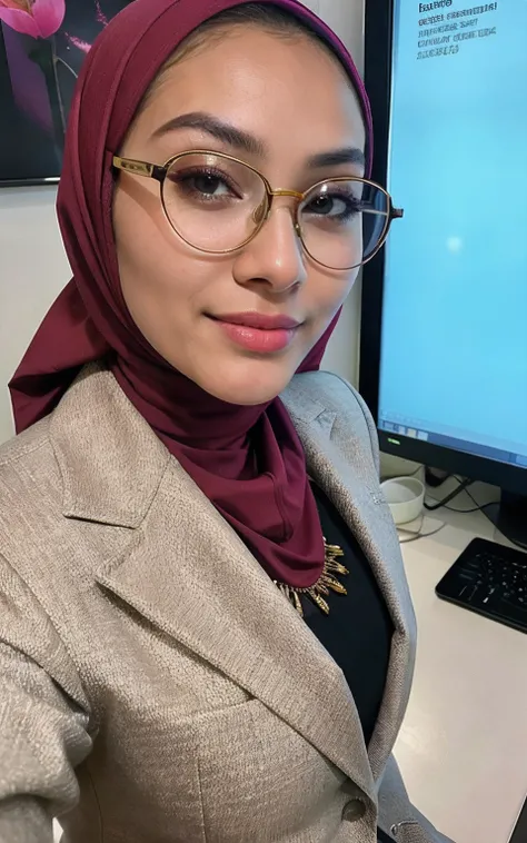 photorealistic, best quality, hyper detailed, beautiful woman asian age 22 name nurul, selfie photo, upper body, solo, wearing tudung muslim,hijab,nerd eyewear,expensive blazer coat closed, indoors, (evening), office wall street,forex chart,computer(cheerf...