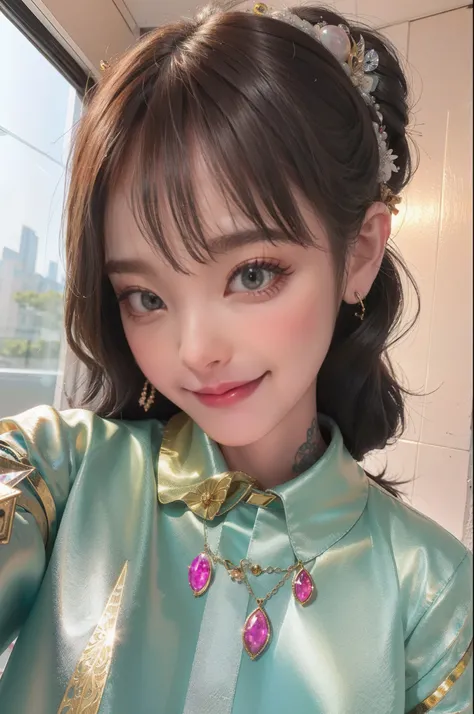 1girll,（enchanced quality：1.4），（Top quality true texture skin), Delicate face,Black hair, Gradient hair, Petite body,（perfect bodies：1.1）, There are precious stones on the forehead, rimless eyewears, Sparkling pupils，long eyelasher,grin, hyper photorealism...