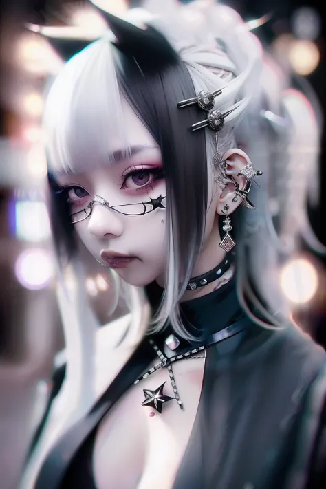 A dark-haired、A black、(((A dark-haired))),eye glass、Lunette de soleil、piercings、Forehead、Blunt bangs、Eyebrows are visible、The bikini、goth_punk, 1girl in, 独奏, medium shot, Walking in Harajuku, ((during night)), bokeh dof, Neon light, Iridescent eyes, starry...