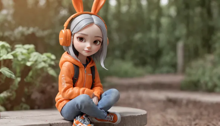 Full body 3D artwork of a very cute girl，Headsets，Orange sports sweatshirt，ssmile，benches，Rabbit element，forest backgrou，Playful，Watercolor Texture Style,Popular supermarket Blind Box,Clay Materials,Award winning, LED, 3D Art,Depth of Field,Pixar Trends,Su...