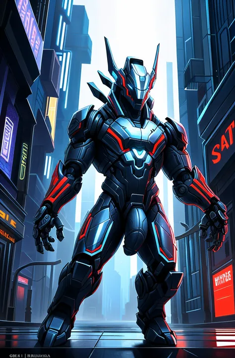 Dark_Fantasy,Cyberpunk,(Red:1.1),1man,Mechanical marvel,Robotic presence,Cybernetic guardian, wearing a worn-out mech suit, intricate, (steel metal, elegant, clear focus, shot by greg rutkowski, soft lighting, vibrant colors, masterpiece, ((street)), cowbo...