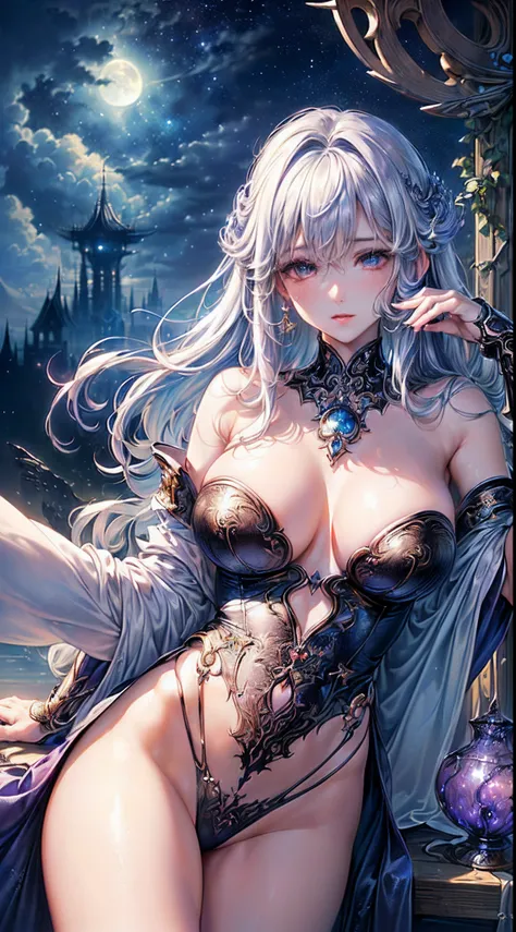 A sexy、((top-quality))、((​masterpiece))、(detaileds)、Enchanting Wizard、Fantastic beauty、Perching on the clouds、(fantasy illustrations:1.3)、a captivating gaze、Pose Seductive、Otherworldly charm、mystical sky、 (By Luis Royo:1.2)、(Yoshitaka Amano:1.1)、Moon Night...