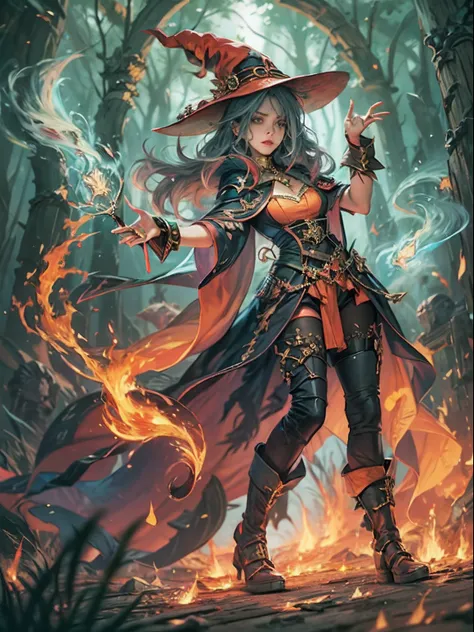 Dressed in a witch costume holding a bright wand, female mage conjuring a spell, dark fantasy female mage, female sorceress portrait, beautiful female sorceress, female mage, female fire mage, fire mage character