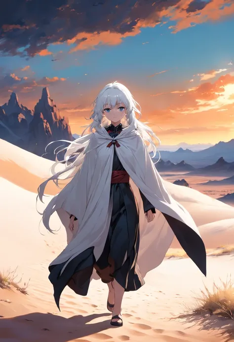 White-haired girl in black cape walking in white desert