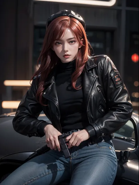 A woman sit on the GTR Bonet, holding the gun in one arm, Cloudy weather, redhead, black leather jacket and black jeans, Shot with Sony Alpha A7 III with 8K UHD, photorealistic, Night light City, professional and rich colors.