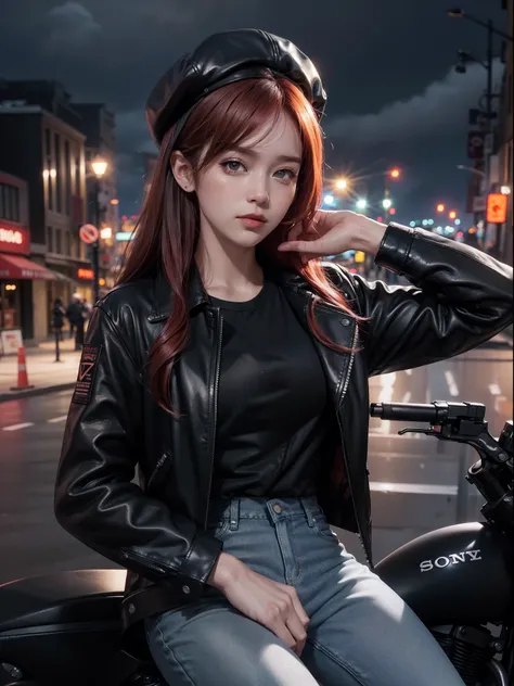 A woman sit on the GTR Bonet, holding the gun in one arm, Cloudy weather, redhead, black leather jacket and black jeans, Shot with Sony Alpha A7 III with 8K UHD, photorealistic, Night light City, professional and rich colors.