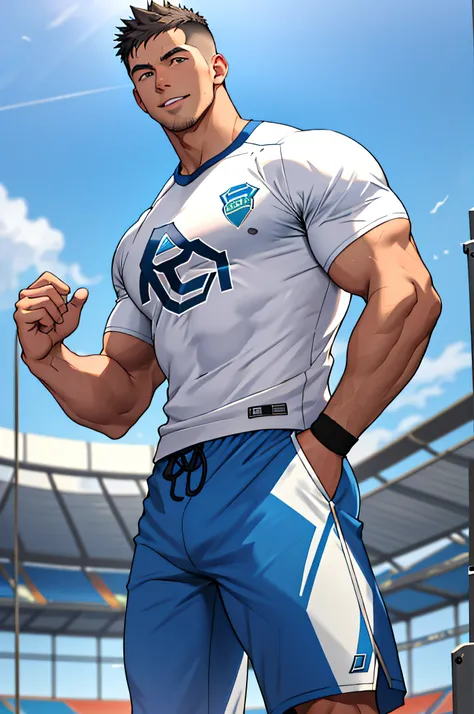 Draw a full-fledged athlete，Stand on the central field of the gym，He wears high-end sportswear，The man looks confident and determined，rays of sunshine，cheerful big breasts，Handsome，Crew cut，full bodyesbian，shooting from below，