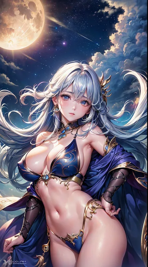 A sexy、The nipple is visible、The areol、((top-quality))、((​masterpiece))、(detaileds)、Enchanted Wizard、Fantastic beauty、Perching on the clouds、(fantasy illustrations:1.3)、a captivating gaze、Pose Seductive、Otherworldly charm、mystical sky、 (By Luis Royo:1.2)、(...