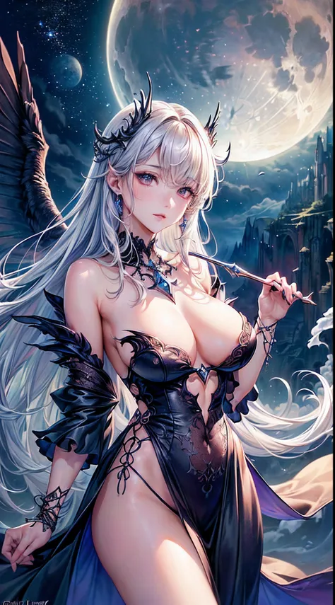 A sexy、The nipple is visible、The areol、((top-quality))、((​masterpiece))、(detaileds)、sorcerer、Fantastic beauty、Perching on the clouds、(fantasy illustrations:1.3)、a captivating gaze、Pose Seductive、Otherworldly charm、mystical sky、 (By Luis Royo:1.2)、(Yoshitak...