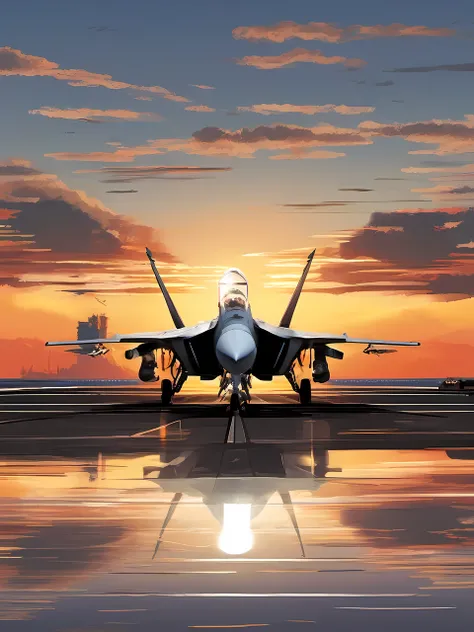 foreshortening technique, dynamic perspective, spatial depth, three-dimensional illusion, visual impact, artistic skill, engaging composition, movie「Top」Illustrations inspired by、Sea setting sun、Behind the F-14 fighter jet taking off、Were about to get star...