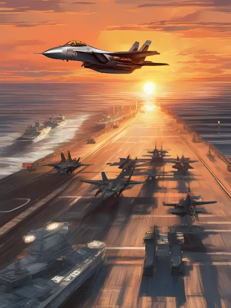 foreshortening technique, dynamic perspective, spatial depth, three-dimensional illusion, visual impact, artistic skill, engaging composition, movie「Top」Illustrations inspired by、Sea setting sun、Behind the F-14 fighter jet taking off、Were about to get star...