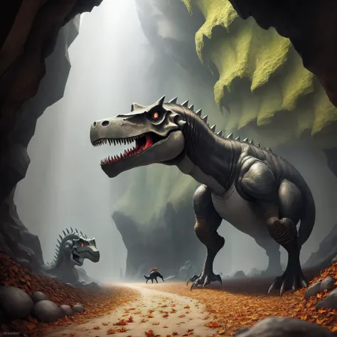 Inside a dry cave，There was a pile of leaves on the ground，The leaves are piled with worms and Tyrannosaurus rex skulls