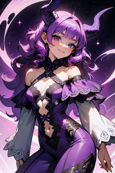 "1 girl with mauve purple hair, featuring darker highlights and beautiful curls. She has dragon horns, turquoise eyes. She is adorned in an intricate galaxy outfit, showcasing a dark purple ensemble with an off-shoulder top, white lace, flat chest, smile