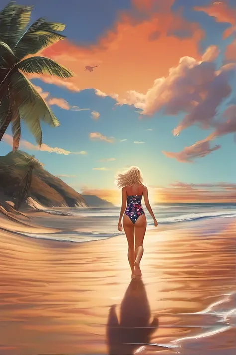 foreshortening technique, dynamic perspective, spatial depth, three-dimensional illusion, visual impact, artistic skill, engaging composition,  drama「Baywatch」Illustrations inspired by、Behind the back of a female lifesaver、Lifesaver woman in sunset、Running...