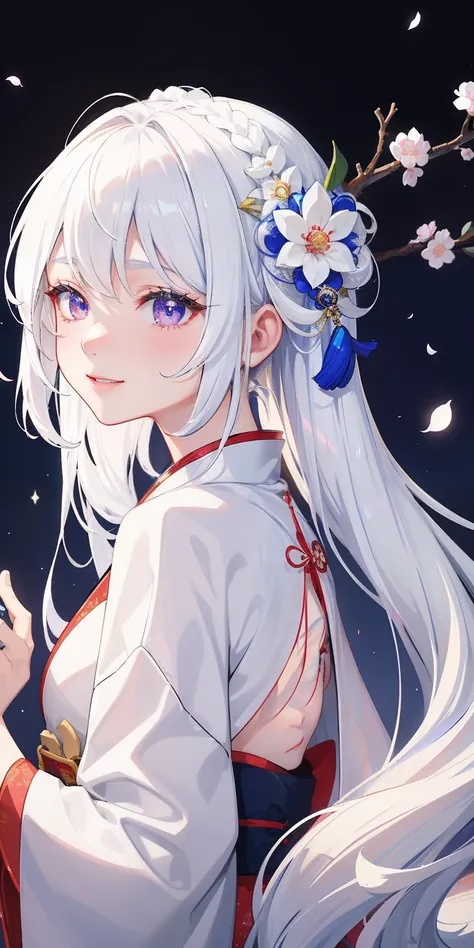 1girl、(Hanfu)、glitters、side lights、wall-paper、Japan person with white hair that extends to his back、eyes are red、Light blue flower pattern on white kimono、Beautiful facial features、Cute smile