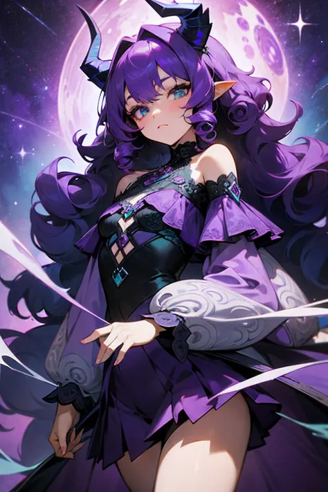 "1 girl with mauve purple hair, featuring darker highlights and beautiful curls. She has dragon horns and eyes that are a mesmerizing blend of blue and turquoise colors. She is adorned in an intricate galaxy outfit, showcasing a dark purple ensemble with p...