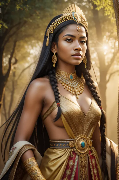 (Photorealistic:1.2), (8K Resolution), (Best Quality), (Masterpiece), upper body portrait shot from a slight high angle of a gorgeous young tribal queen with dark skin, long braided black hair, wearing an intricate beaded headdress, gold necklaces and armb...