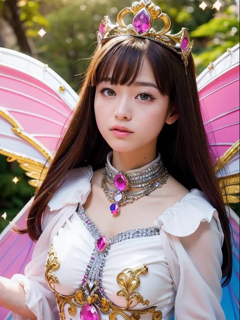 Professional , ​masterpiece、top-quality、photos realistic , depth of fields （Gemstone Silver Metal Body:1.９),(Matte White Pink、Jewel Gold Weapon、（Gorgeous castle background）、（ultimate beauty girl）、（Rainbow fairy wings grow）、Particles of light、（Metal body of...