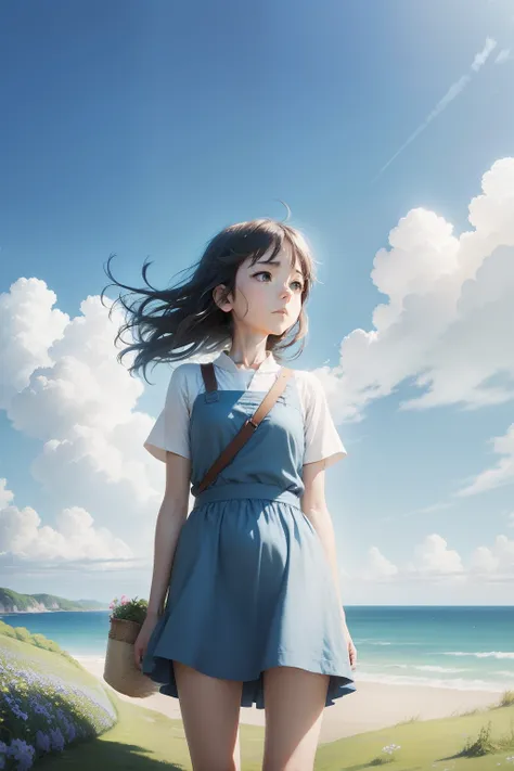 Best Picture Quality，with blue sky and white clouds，Blue sky，Empty，by Ghibli Studio，light wind，Fresh air，calm，horizon, breeze, Summer, Morning, Sunny,Hopeful