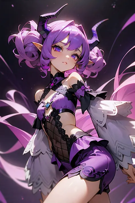 "1 girl with mauve purple hair, featuring darker highlights and beautiful curls. She has dragon horns and eyes that are a mesmerizing blend of blue and pink colors. She is adorned in an intricate galaxy outfit, showcasing a dark purple ensemble with purple...