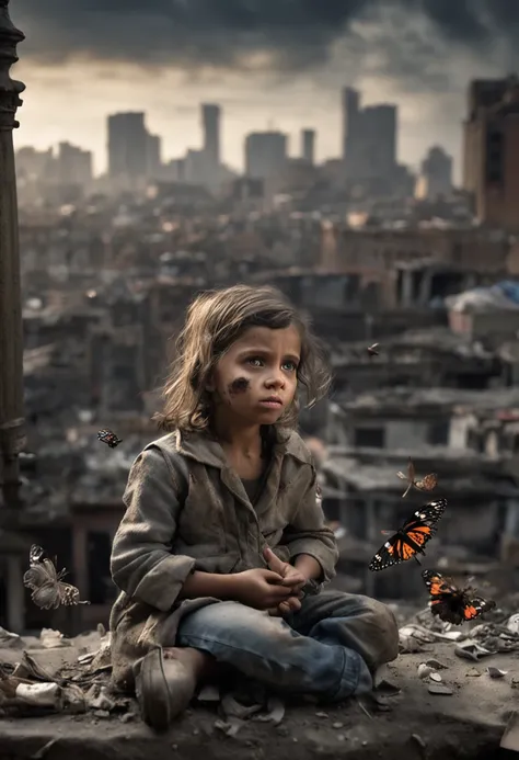 "Ultra-realistic depiction of a little girl, sitting with sorrow, agony, ((dried eye drops, camera focused face)), messy and curl hair, dusty face and cloth,(( a destructed city in background, fire, human corpse on ground, some people are crying, destroyed...