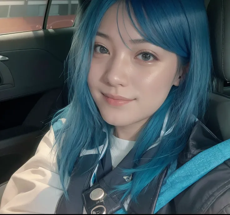 arafed woman with blue hair in a car with a smile on her face, xintong chen, wenfei ye, heonhwa choe, louise zhang, yun ling, xision wu, lulu chen, 2 8 years old, 2 7 years old, chengyou liu, jaeyeon nam, qifeng lin, gemma chen, li zixin, sha xi