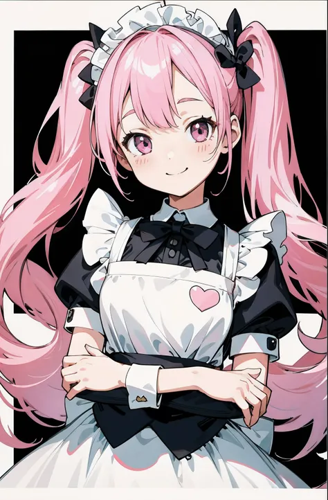 (finely best quality illustration:1.2), (kawaii girl:1.0), (1girl, solo:1.0), (pink hair, twintails:1.0), (maid:1.0), (smile:1.1), (ultra-detailed, highres, 4k:1.0),