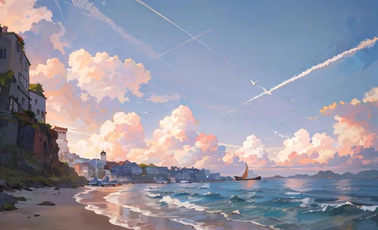 (Masterpiece, Best quality:1.1), From below,Blue ocean, low tide, Sea waves, sea beach, seagulls, horizon, breeze, Summer, Morning, Sunny, Cloud, calm, Fresh air, Sail ships, lighthouse, Depth of field