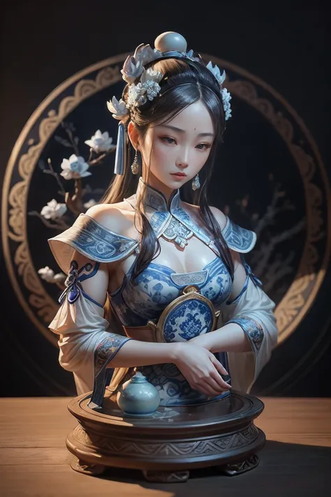 Blue and white porcelain statue, ancient china art style，Dunhuang character modeling，Delicate pattern，Oriental elements，Ink painting style, Clean colors, White background, Soft lighting, ( Bokeh)，Masterpiece, Super detailed, Epic composition, Highest quali...