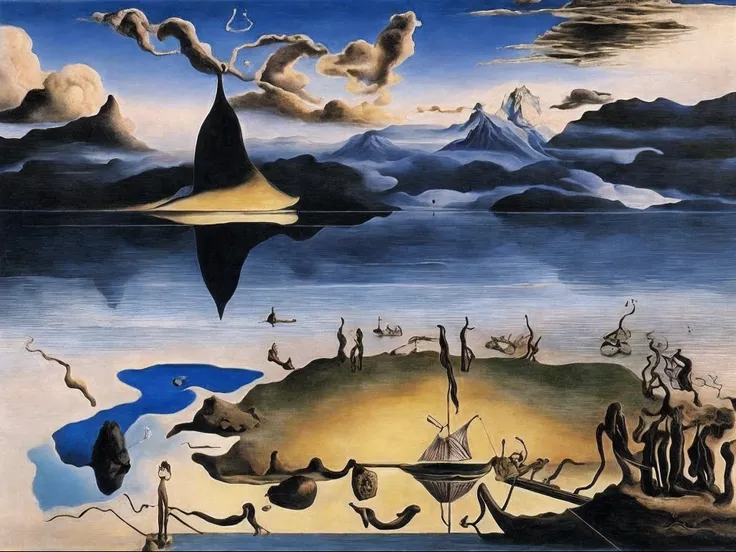 real picture、Skysky、alchemy、,lake, Dali, salvador dali painting, by Salvador Dali, masterpiece surrealism, surrealist artwork, surrealism painting, surrealism art, in style of salvador dali, surrealist art, style of salvador dali, salvador dali style, and ...