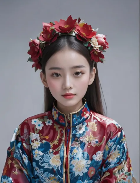 Close-up of a woman wearing a floral headdress, Chinese girl, lotus floral crown girl, Chinese traditional, China Princess, with acient chinese clothes, Traditional Chinese clothing, Chinese style, Chinese dress, Inspired by Dai Xi, Palace ， A girl in Hanf...