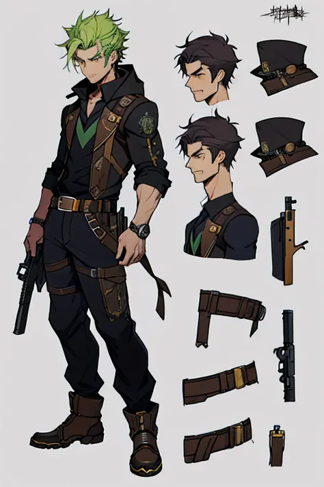 A close-up of a man in a gun costume，（（concept art of character）），((character design sheet、Same role、frontage、Lateral face、on  back))Character art for Maple Story，video game characters designs，video game characters designs，Maple Story Gun adult male，Yellow...