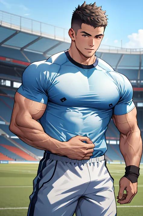 Draw a full-fledged athlete，Stand on the central field of the gym，He wears high-end sportswear，The man looks confident and determined，rays of sunshine，cheerful big breasts，Handsome，Crew cut，full bodyesbian，shooting from below，