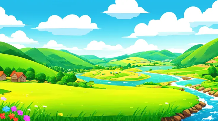 Cartoon illustration of green meadows with flowers and rivers, arte de fundo, Landscape background, 2 D game art background, 2d game background, meadow background, scenery background, Landscape illustration, Mobile game background, grassy hill, natural lan...