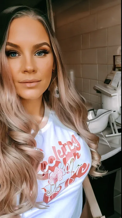 there is a woman with long pink hair and a white shirt, long hair and red shirt, looking hot, wearing professional makeup, looking cute, looking to the side, brooke ashling, looking off to the side, wearing red tank top, cooking it up, dressed in a white t...