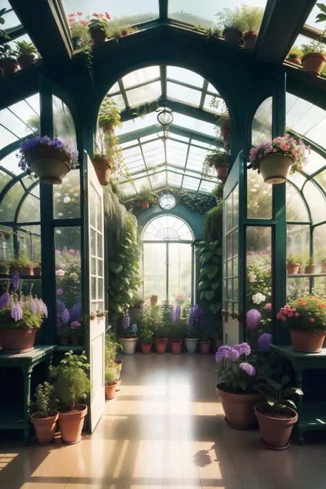 greenhouse, potted, Flower room accessories, furniture, Flower planting tools, Flowers of different sizes, Rich interior scenes, Vintage flower pot, Some miniature plants exist, Wisteria, Cadre de fleurs, drop shadow, anaglyph, stereogram, Neoclassicism, p...