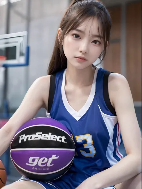 (Surreal)、(A high resolution)、(8K)、 (The is very detailed)、(Ultra clear skin pores)、(top-quality、tmasterpiece:1.3)、Beautiful girl in basketball uniform、at  basketball court，Playing the Basketball，1womanl、Midsummer、（jiayi：1.5）， closeup cleavage， tmasterpiec...