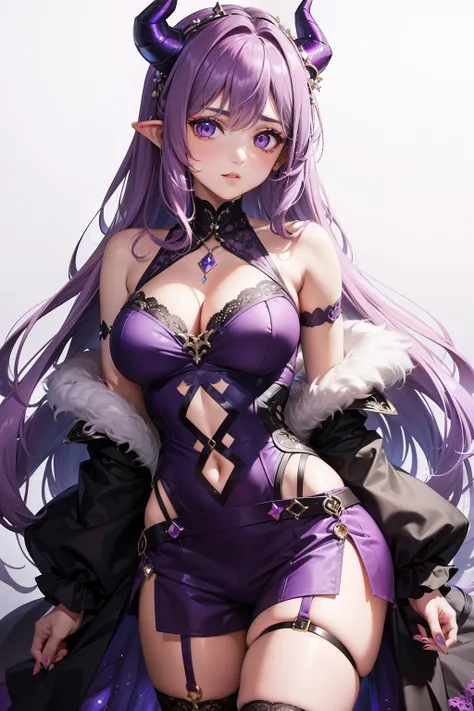 "1 girl with mauve purple hair, featuring darker highlights and beautiful curls. She has dragon horns and eyes that are a mesmerizing blend of blue and pink colors. She is adorned in an intricate galaxy outfit, showcasing a dark purple ensemble with purple...