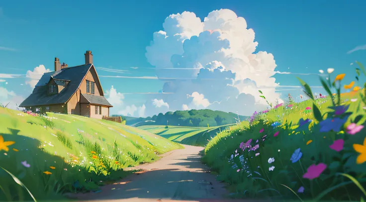 A lot of country cottages, summer, meadows, small flowers, countryside is rushing, there are many kittens on the road, heaven, big clouds, blue sky, hot weather, HD detail, hyper-detail, cinematic, surrealism, soft light, deep field focus bokeh, ray tracin...