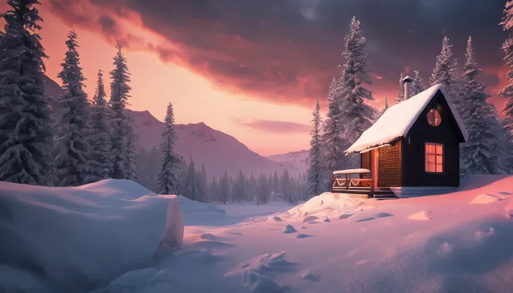 A cabin with extreme amount of snow on the roof, located in a winter landscape, sunset, soft lighting, photo realistic